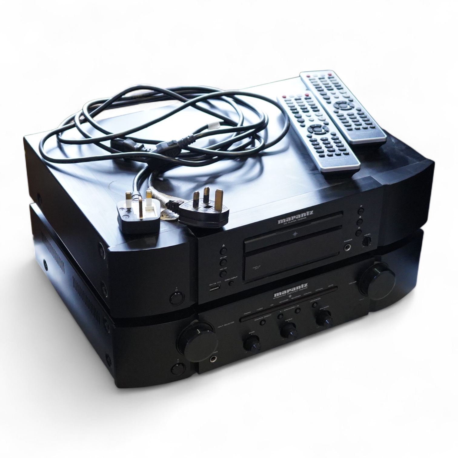 A Marantz HiFi integrated amplifier PM6005, together with a CD player CD6005, plus two remote controls and power leads